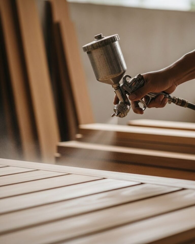 Application du vernis de finition sur une structure en bois massif — atelier Dar Dmana Decor