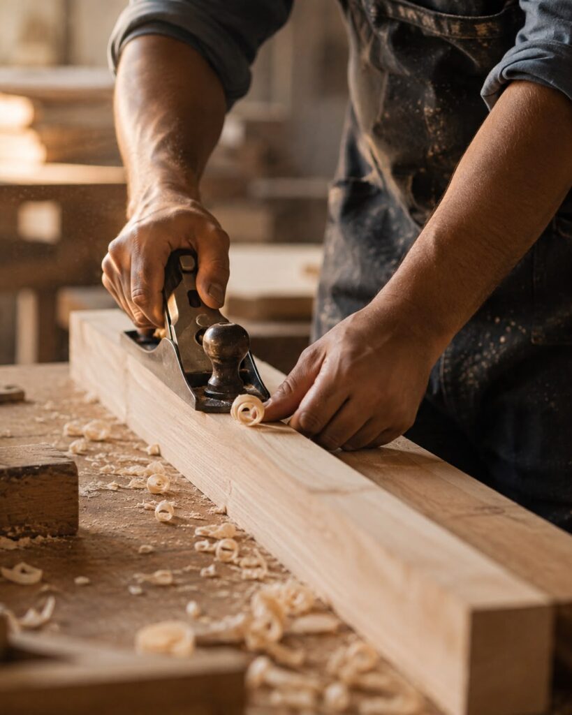 Sculpteur de l'atelier Dar Dmana Decor façonnant un pied de sedari en bois massif